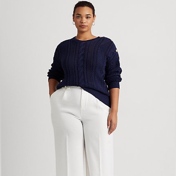 NWT $155 Lauren Woman Aran-Knit Cotton Navy Blue - Picture 5 of 11